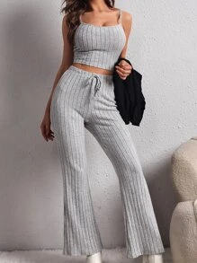 SHEIN EZwear 素色吊帶短上衣和前打結長褲 - 淺灰色 - 查看 1