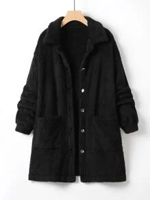 SHEIN LUNE Plus Drop Shoulder Pocket Patched Teddy Coat - Black - View 1