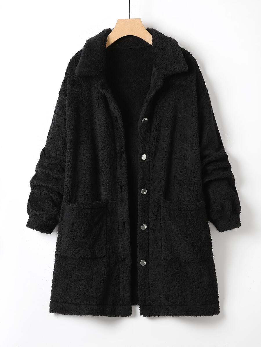 SHEIN LUNE Plus Drop Shoulder Pocket Patched Teddy Coat - Black - View 1
