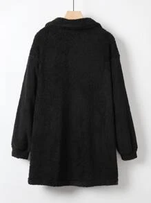 SHEIN LUNE Plus Drop Shoulder Pocket Patched Teddy Coat - Black - View 2