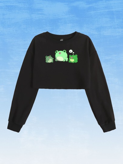 Sweet Sailor Sketches Kawaii قميص ثقيل قصير بطباعة ضفدع منخفض الاكتاف