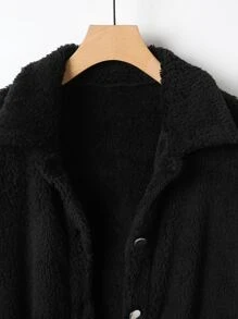 SHEIN LUNE Plus Drop Shoulder Pocket Patched Teddy Coat - Black - View 5