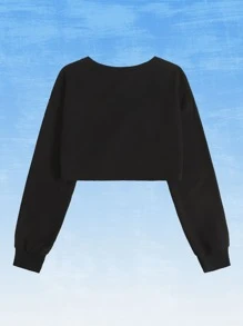 Sweet Sailor Sketches Kawaii Frog Print Drop Shoulder Crop Sweatshirt - Black - View 2