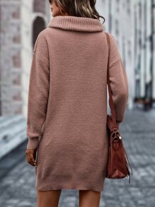 SHEIN LUNE Turtleneck Dual Pocket Drop Shoulder Cable Knit Jumper Dress - Dusty Pink - View 2
