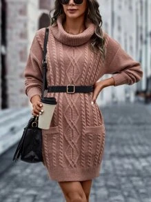 SHEIN LUNE Turtleneck Dual Pocket Drop Shoulder Cable Knit Jumper Dress - Dusty Pink - View 3