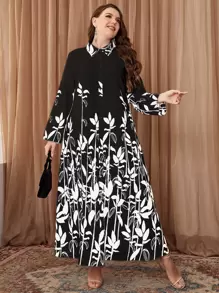 Modelyn Plus Leaves Print Shirt Dress Long Evening Dresses - Black and White - View 1