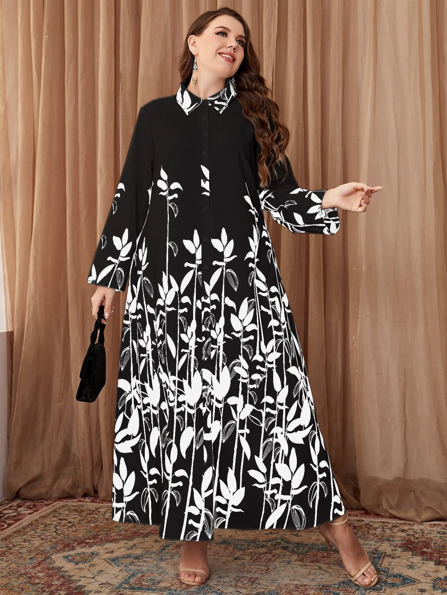 Modelyn Plus Leaves Print Shirt Dress Long Evening Dresses - Black and White - View 1