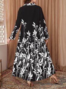 Modelyn Plus Leaves Print Shirt Dress Long Evening Dresses - Black and White - View 2