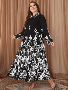 Modelyn Plus Leaves Print Shirt Dress Long Evening Dresses - Black and White - View 3