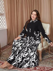 Modelyn Plus Leaves Print Shirt Dress Long Evening Dresses - Black and White - View 4