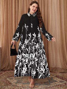 Modelyn Plus Leaves Print Shirt Dress Long Evening Dresses - Black and White - View 5