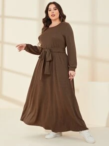 Mulvari 大碼素色繫腰帶連衣裙 - 咖啡棕 - 查看 4