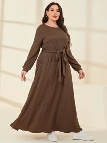 Mulvari 大碼素色繫腰帶連衣裙 - 咖啡棕 - 查看 5