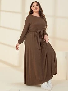 Mulvari 大碼素色繫腰帶連衣裙 - 咖啡棕 - 查看 6