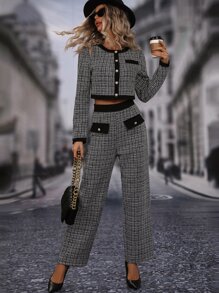 SHEIN LUNE Plaid Print Contrast Trim Crop Jacket & Trousers - Black and White - View 1