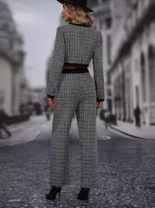 SHEIN LUNE Plaid Print Contrast Trim Crop Jacket & Trousers - Black and White - View 2