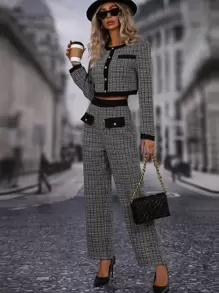 SHEIN LUNE Plaid Print Contrast Trim Crop Jacket & Trousers - Black and White - View 6