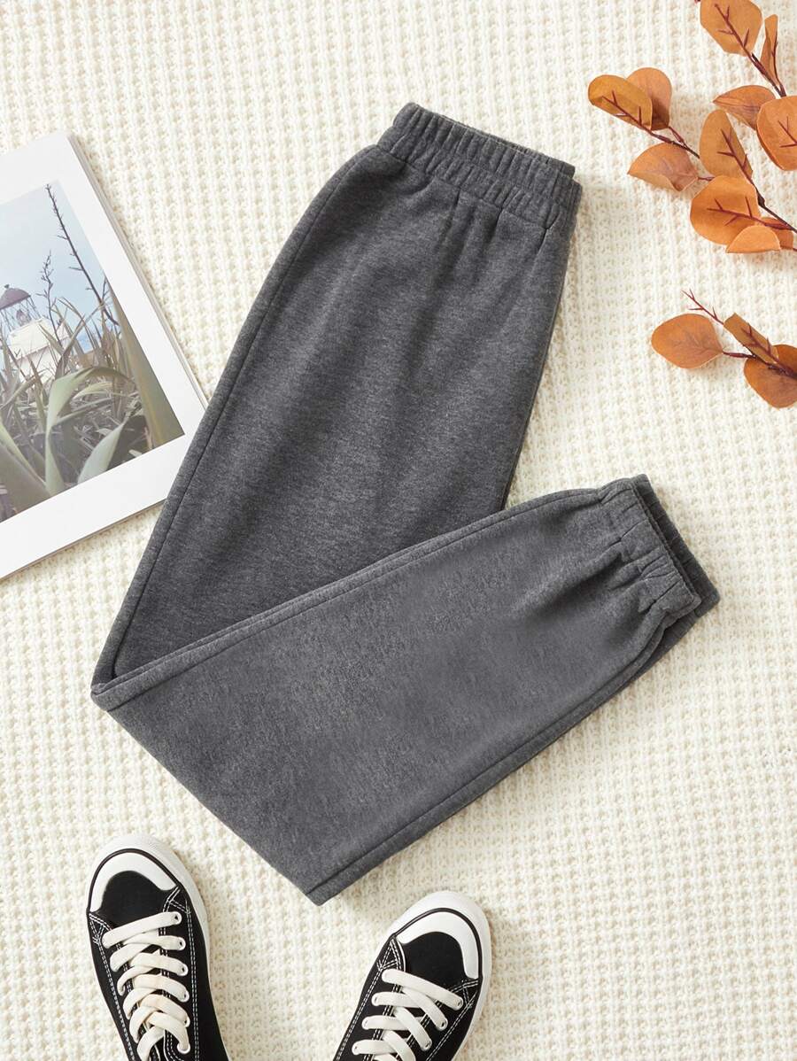 SHEIN PETITE Quần thể thao nữ màu trơn - Màu xám đen - Xem 1