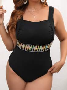 SHEIN Swim Curve Plus Geo Tape One Piece Swimsuit, For Summer Beach Vacation - Black - View 1