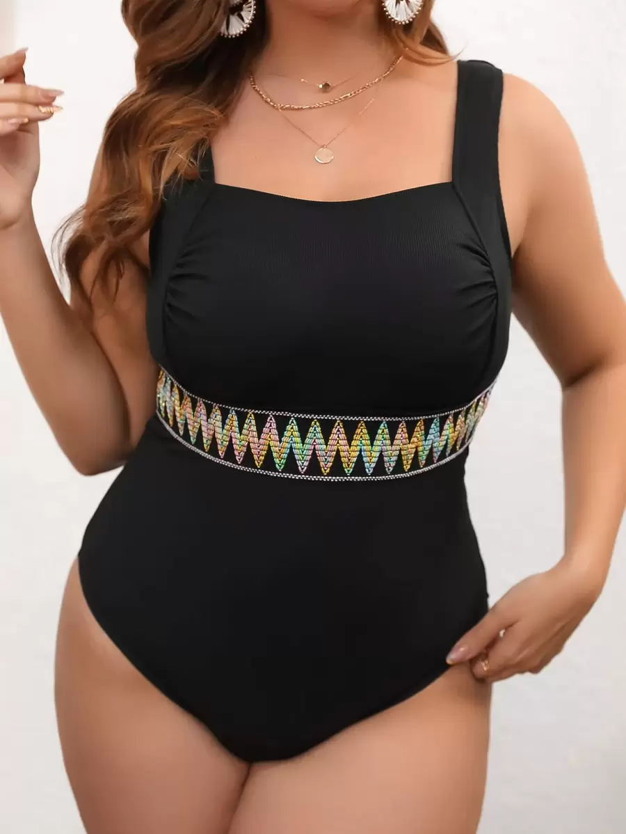 SHEIN Swim Curve Plus Geo Tape One Piece Swimsuit, For Summer Beach Vacation - Black - View 1