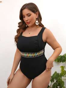 SHEIN Swim Curve Plus Geo Tape One Piece Swimsuit, For Summer Beach Vacation - Black - View 3
