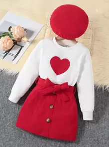 SHEIN 小女孩心形紋織衫和束腰裙 - 紅白色 - 查看 1