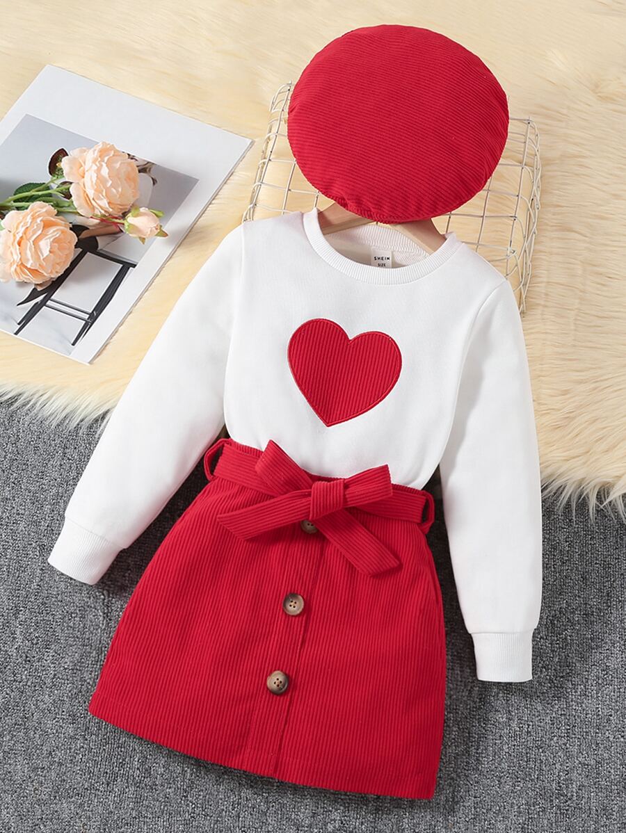 SHEIN 小女孩心形紋織衫和束腰裙 - 紅白色 - 查看 1
