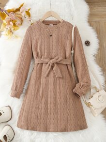 Girls Solid Belted Dress - Mocha Brown - View 1