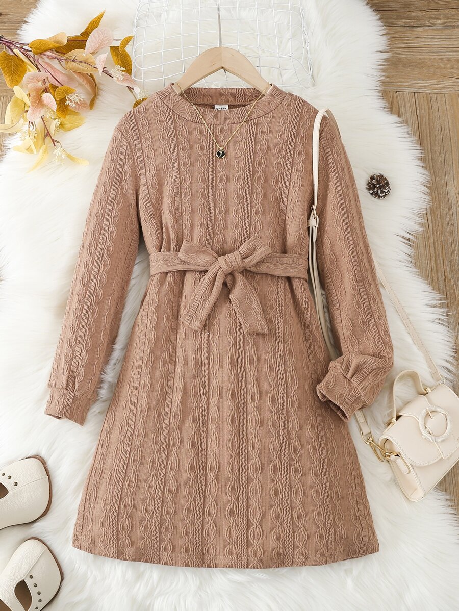 Girls Solid Belted Dress - Mocha Brown - View 1