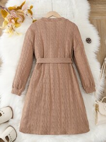 Girls Solid Belted Dress - Mocha Brown - View 2