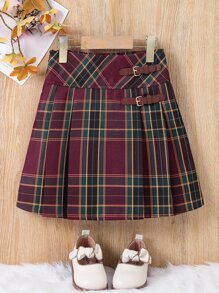 女孩格紋搭扣細節百褶半身裙