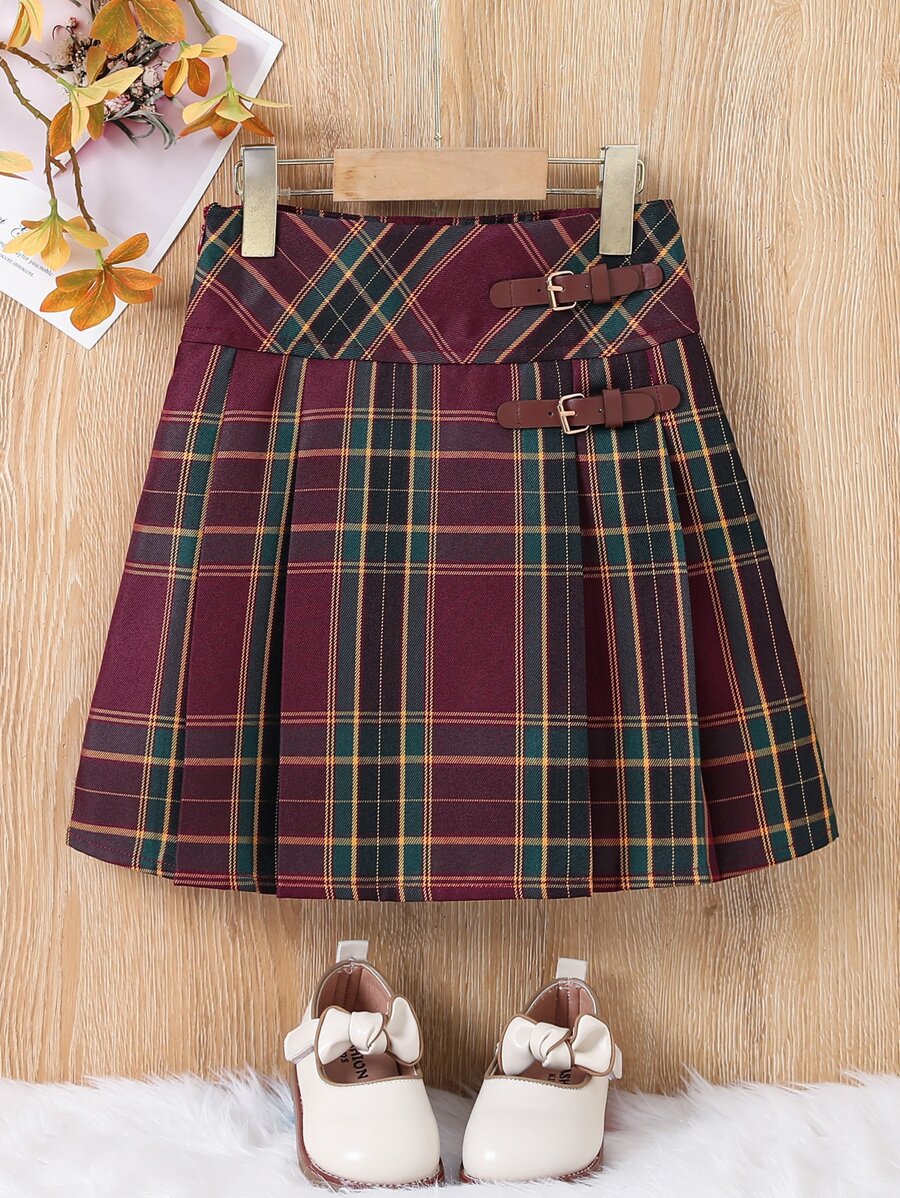 女孩格紋搭扣細節百褶半身裙