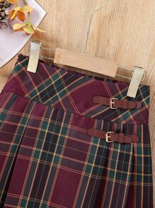 女孩格紋搭扣細節百褶半身裙