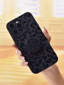 Leopard Print Phone Case With Stand-Out Phone Grip Compatible With iPhone 15/15Pro/15Plus/15Promax - Black - View 3