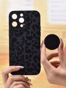 Leopard Print Phone Case With Stand-Out Phone Grip Compatible With iPhone 15/15Pro/15Plus/15Promax - Black - View 4