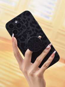 Leopard Print Phone Case With Stand-Out Phone Grip Compatible With iPhone 15/15Pro/15Plus/15Promax - Black - View 6
