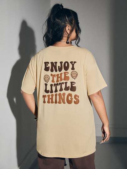 Street Life Camiseta de hombros caídos con eslogan y estampado de cara de dibujos animados, "DISFRUTA DE LAS PEQUEÑAS COSAS" para el verano