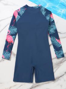 少女火烈鳥印花拉鍊式連體泳衣 - 藏蓝色 - 查看 2