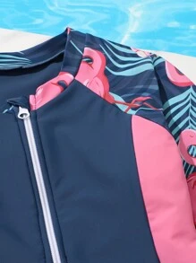 少女火烈鳥印花拉鍊式連體泳衣 - 藏蓝色 - 查看 3