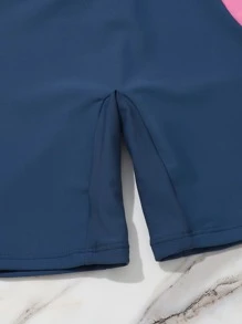 少女火烈鳥印花拉鍊式連體泳衣 - 藏蓝色 - 查看 4