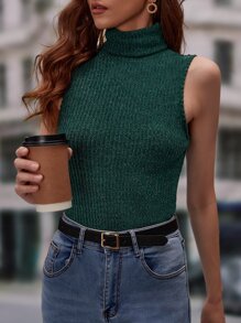 SHEIN Frenchy Top tank cuello alto tejido de canalé - Verde Oscuro - Ver 2