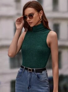 SHEIN Frenchy Top tank cuello alto tejido de canalé - Verde Oscuro - Ver 3