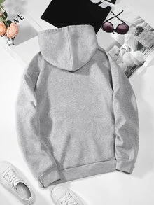 SHEIN LUNE Coffee Print Kangaroo Pocket Drawstring Thermal Hoodie - Grey - View 2