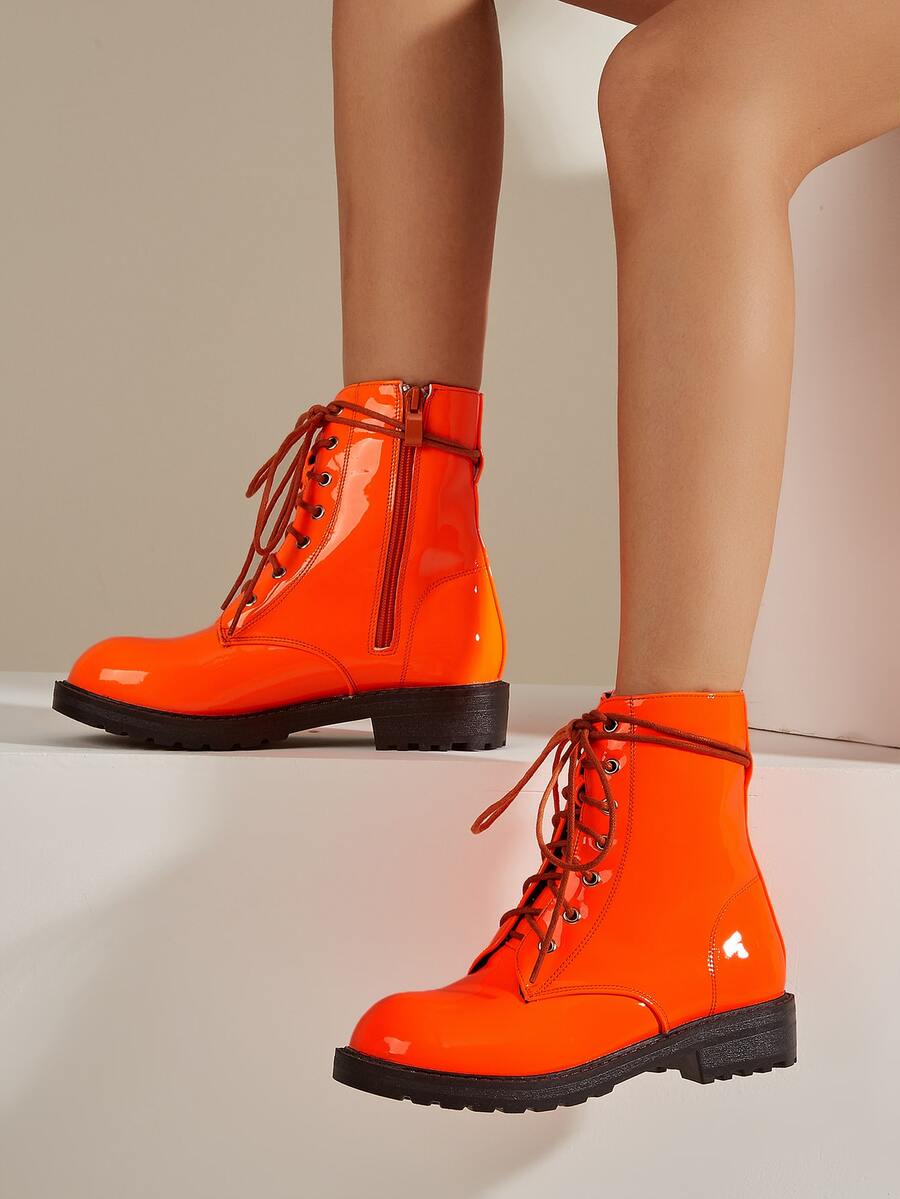 Neon Orange Side Zip Lace-up Front Combat Boots - Orange - View 1