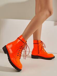 Neon Orange Side Zip Lace-up Front Combat Boots - Orange - View 2