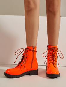 Neon Orange Side Zip Lace-up Front Combat Boots - Orange - View 4