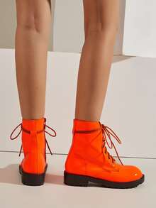 Neon Orange Side Zip Lace-up Front Combat Boots - Orange - View 5