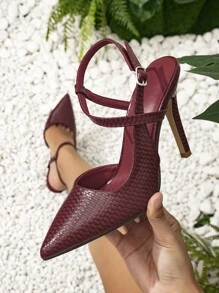 Embossed Detail Point Toe Stiletto Heeled Slingback Pumps, Fashionable Solid Color Women's High Heeled Shoes In Burgundy With Back Strap - Burgundy - View 1