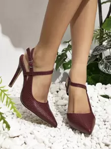 Embossed Detail Point Toe Stiletto Heeled Slingback Pumps, Fashionable Solid Color Women's High Heeled Shoes In Burgundy With Back Strap - Burgundy - View 3