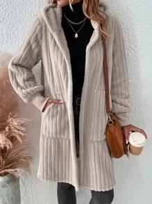 SHEIN LUNE Dual Pocket Hooded Flannel Coat - Apricot - View 1